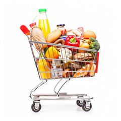 Shopping cart full of food isolated on white