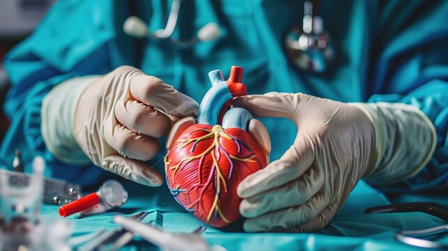 Close-up shot of surgeon holding detailed heart model, wearing gloves and surgical gown, demonstrating cardiology concept, preparation for heart surgery, medical training for cardiovascular surgery.