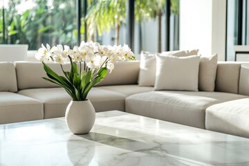 Copy space on a neutral marble table in a modern bight living room with a large comfy couch. with generative ai