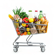 Shopping cart full of food isolated on white