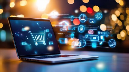 A Black Friday background with digital-themed icons, like a laptop, smartphone, and tablet, overlaid with flashing sale signs and tech-based imagery.