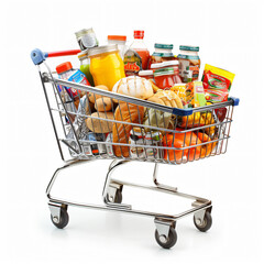 Shopping cart full of food isolated on white