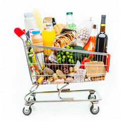 Shopping cart full of food isolated on white