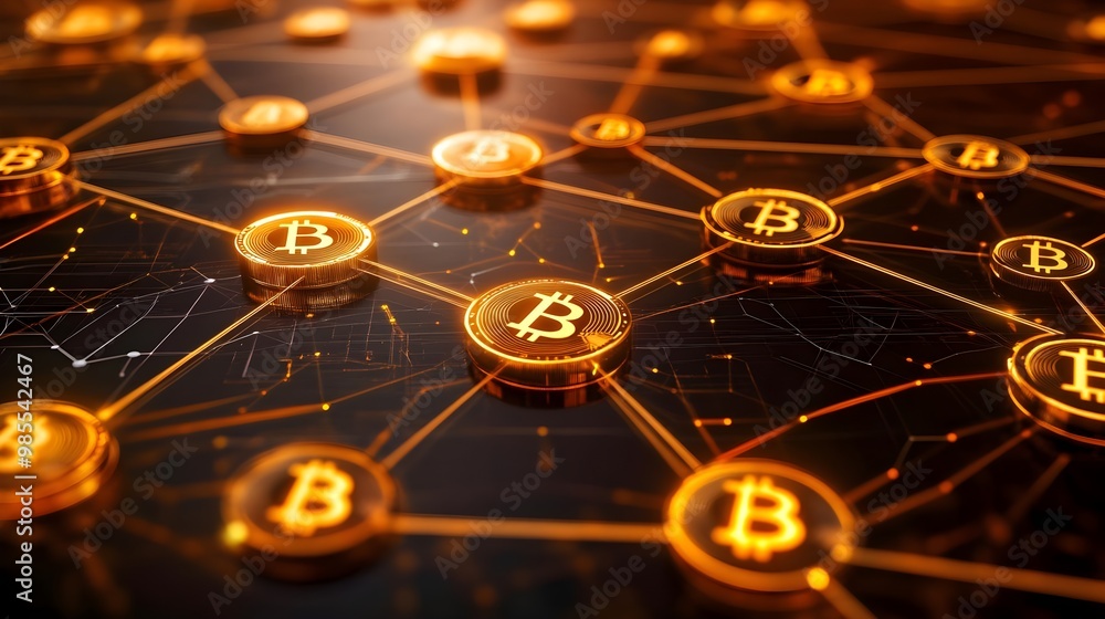 Poster bitcoin network with illuminated coins