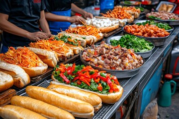 Obraz premium Vietnamese banh mi stalls lining a street in Hanoi, with freshly baked baguettes filled with vibrant pickled vegetables and grilled pork