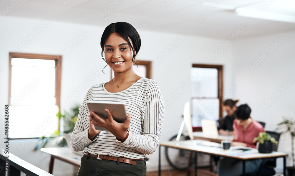 Poster Creative, office and portrait of woman with tablet for web development, project and communication. Developer, smile and happy with technology at IT startup for ux planning, info or review of database