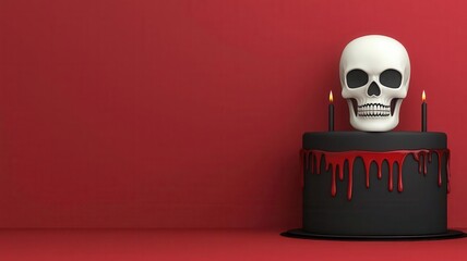 A spooky cake topped with a skull and dripping red icing, set against a vibrant red background, good for Halloween or horror-themed celebrations.