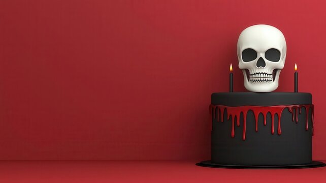 A spooky cake topped with a skull and dripping red icing, set against a vibrant red background, good for Halloween or horror-themed celebrations.