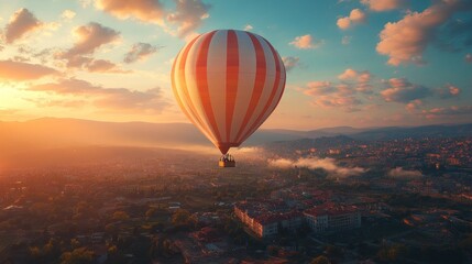 Obraz premium Hot Air Balloon Soaring Above Cityscape at Sunset