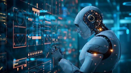 A sophisticated system where RPA integrates with AI and ML to handle complex tasks, depicted with glowing neural networks and decision-making algorithms processing data intelligently