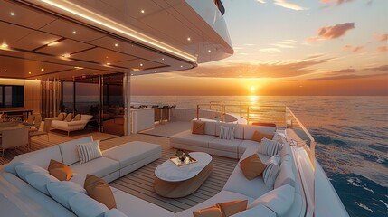 A modern yacht deck with outdoor seating and an open kitchen, overlooking the ocean at sunset. In front of it is a large window that reveals part of a luxurious living room. Generative AI.