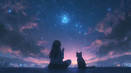 A girl and her cat gazing at a starry night sky.