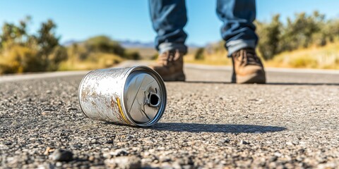 Man Kicking Can Down the Road with Gravel, Rusty Shoes and Jeans Outdoors Scene