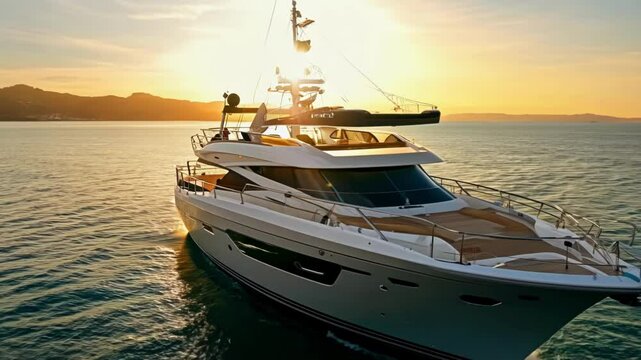 A luxury yacht sailing at sunset, casting a golden glow on the water. The image evokes feelings of freedom and serenity, perfect for travel or high-end lifestyle themes with copy space.