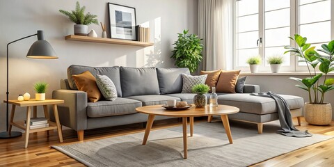 Cozy living room interior with gray sofa, coffee table, and modern decor
