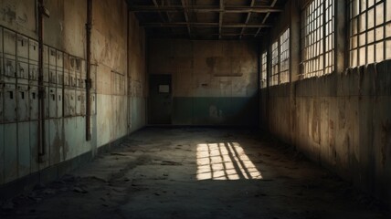 Echoes of Industry: Sunlight streams through grime-coated windows, illuminating the dust-laden floor of an abandoned factory, a haunting testament to bygone labor. 