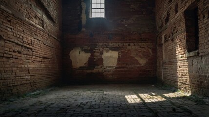Obraz premium Sunbeams in the Ruins: A solitary ray of light pierces through a broken window in an abandoned, brick-walled room, illuminating the weathered floor and casting long shadows on the crumbling walls. The
