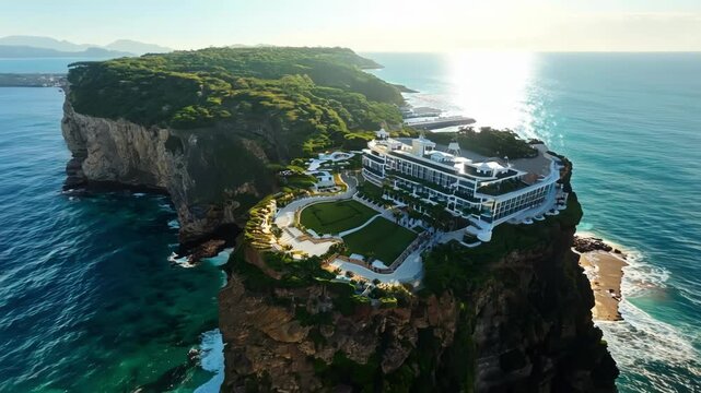 Aerial view of a private luxury resort perched on a cliffside, surrounded by lush greenery and blue ocean waters. The perfect backdrop for exclusivity and relaxation themes.