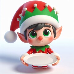3D Big eyed cartoon christmas elf holding front facing empty plate