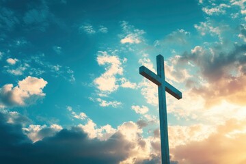 Cross of Jesus Christ in the sky with clouds. Christian easter. Conceptual religious symbol. with generative ai