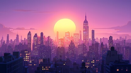 Fototapeta premium A vibrant sunset over a bustling city skyline with towering buildings and warm hues.