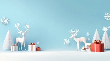 A holiday sale background with reindeer, snowflakes, and gift boxes on a frosty blue backdrop, promoting seasonal discounts in a playful style.