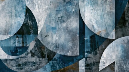 Abstract Mid-Century Geometric Shapes Blue Gray Distorted Scratched Textured Background