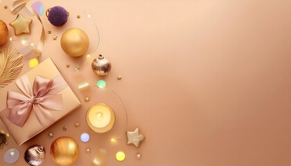 Fototapeta premium 3D render of HAPPY New Year banner template. Flat lay composition with ornaments, wrapped gift, gold background.