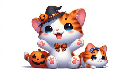 Cute Halloween Cat with Pumpkins, Animation Style, Happy and Beautiful, Hat ,Design for T-Shirts, Stickers, or Any Product, White Background, AI-Generated