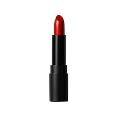 A vibrant red lipstick in a sleek black tube isolated on transparent background