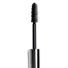 A shiny silver tube of mascara displaying the brush coated with black mascara isolated on transparent background