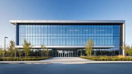 Obraz premium This contemporary office building showcases large glass facades and is framed by landscaped greenery, representing modern architectural design. The clear blue sky enhances its sleek appearance