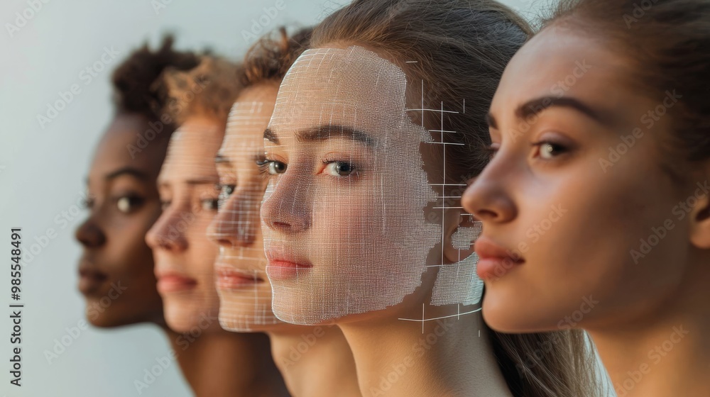 Poster a diverse group of individuals stands side by side in a neutral setting, featuring digital facial re
