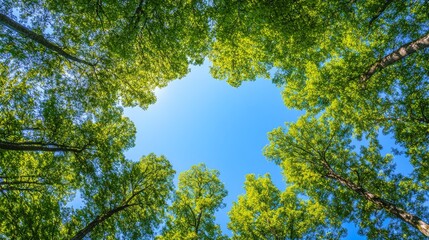 Fototapeta premium This captivating view showcases a lush canopy of vibrant green trees framed against a clear, bright blue sky, inviting a sense of peace and tranquility