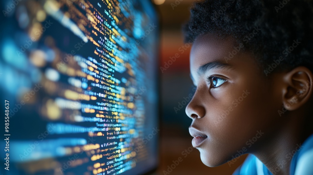 Poster a young black student intently engages with coding, examining vibrant lines of digital code on a com