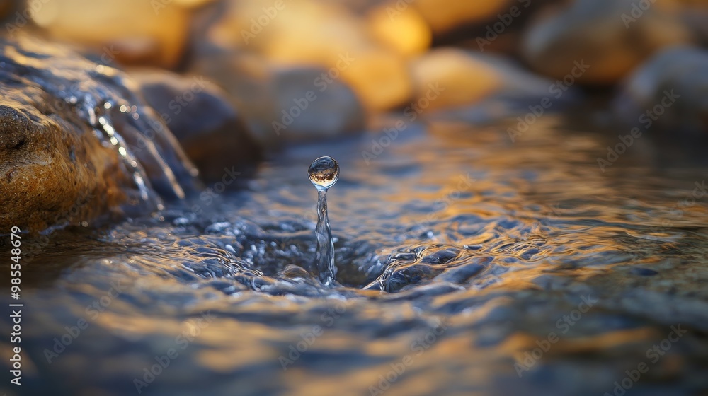 Poster sunlight glimmers on a gentle stream flowing over smooth rocks, creating a peaceful atmosphere. the 