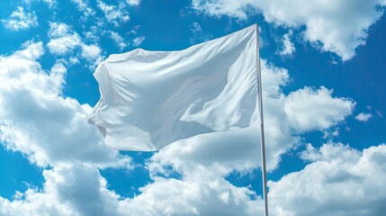 White Flag Blank Waving in Mockup Template Design Against a Blue Sky with Clouds, Perfect for Custom Designs and Outdoor Advertising Campaigns