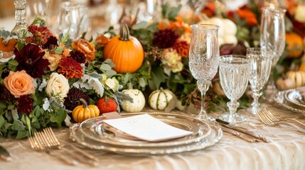 This beautifully arranged wedding table features decorative pumpkins, vibrant floral arrangements, and sophisticated tableware, capturing an autumnal celebration
