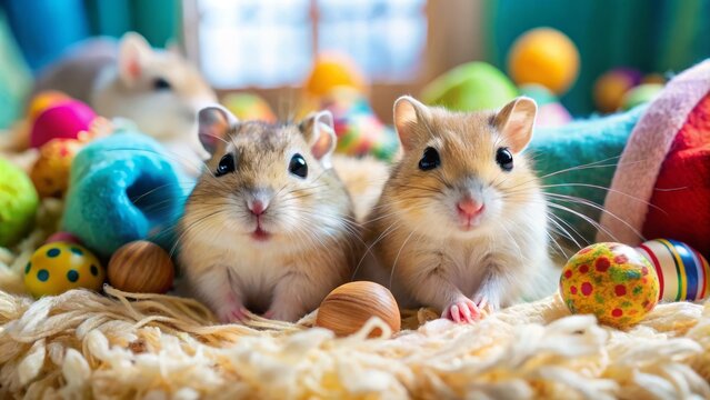 Cute gerbils exploring their cozy habitat filled with soft bedding and vibrant toys, showcasing their playful nature in
