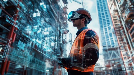 An engineer equipped with augmented reality glasses operates on a modern construction site, interacting with digital blueprints amidst towering structures