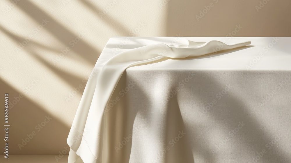 Poster a beautifully arranged rectangular dining table features a crisp white tablecloth, contributing to a