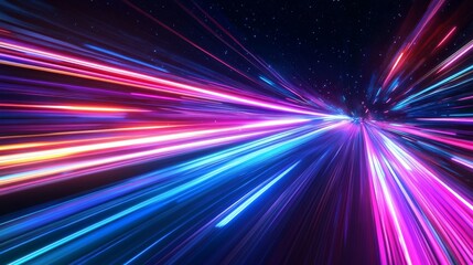 Bright streaks of color streak across a high-tech backdrop, creating an energetic atmosphere. The fast-moving lights evoke a sense of speed and innovation