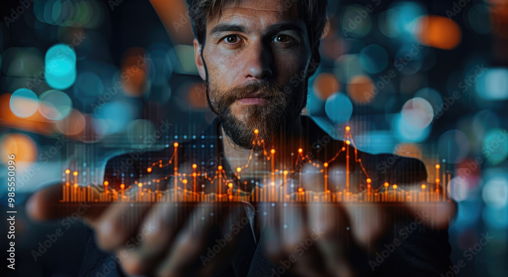 Aufkleber businessman with a financial stock market graph and business growth concept on a dark background. di