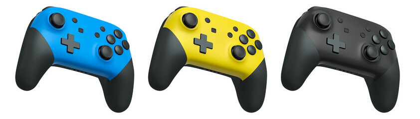 Collection of gaming controllers with different colors and designs for gaming enthusiasts isolated on white background with clipping path