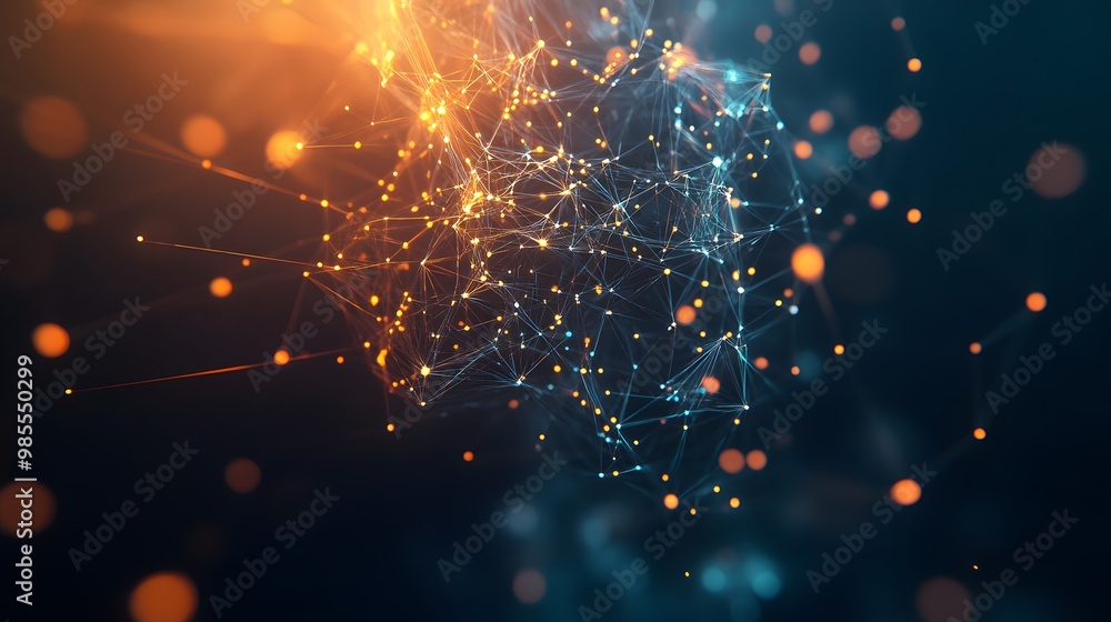 Poster a glowing network of abstract, geometric shapes forms an ai figure in the darkness, radiating a soft