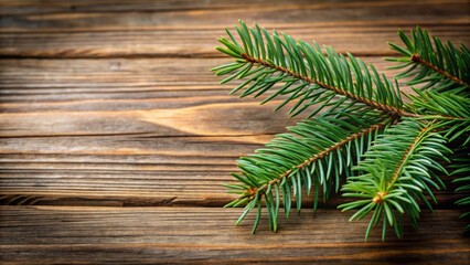 Close-up of a spruce branch resting on a wooden surface