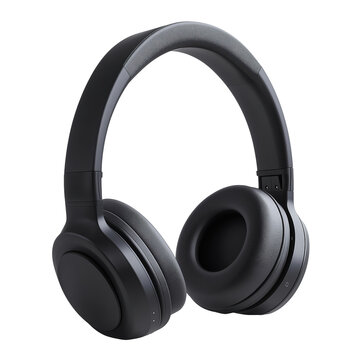 A pair of over-ear wireless headphones in matte black isolated on transparent background