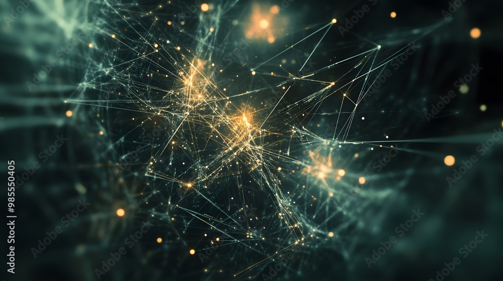 Poster A dark, abstract space is punctuated by bright nodes and geometric lines representing AI systems, with soft light emanating a sense of quiet thankfulness.