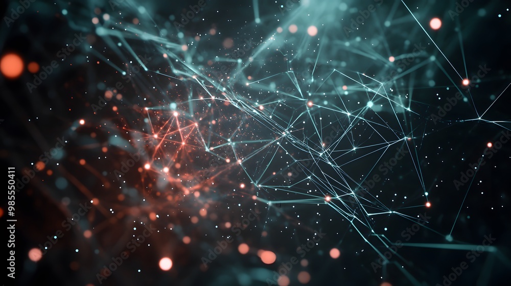 Poster a dark, abstract space is punctuated by bright nodes and geometric lines representing ai systems, wi