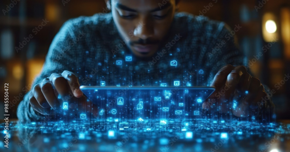 Poster man using tablet with digital icons